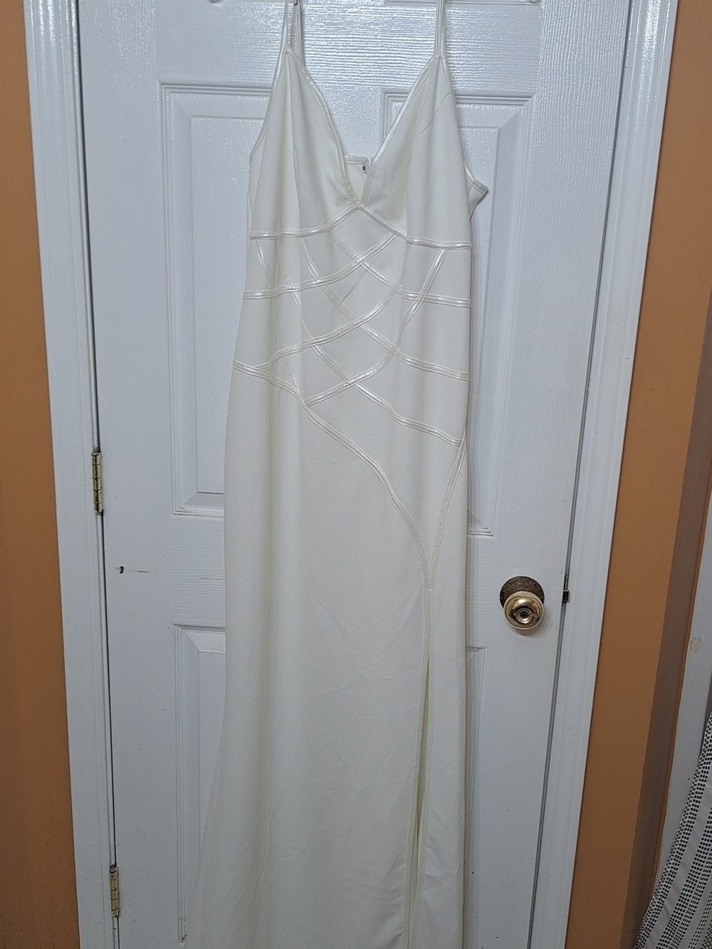 Fashion Nova Ivory Satin Slip Maxi Dress with Spaghetti Straps